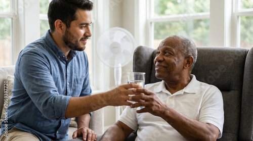 Male caregiver giving glass of water to senior man at home for elderly support and home healthcare services