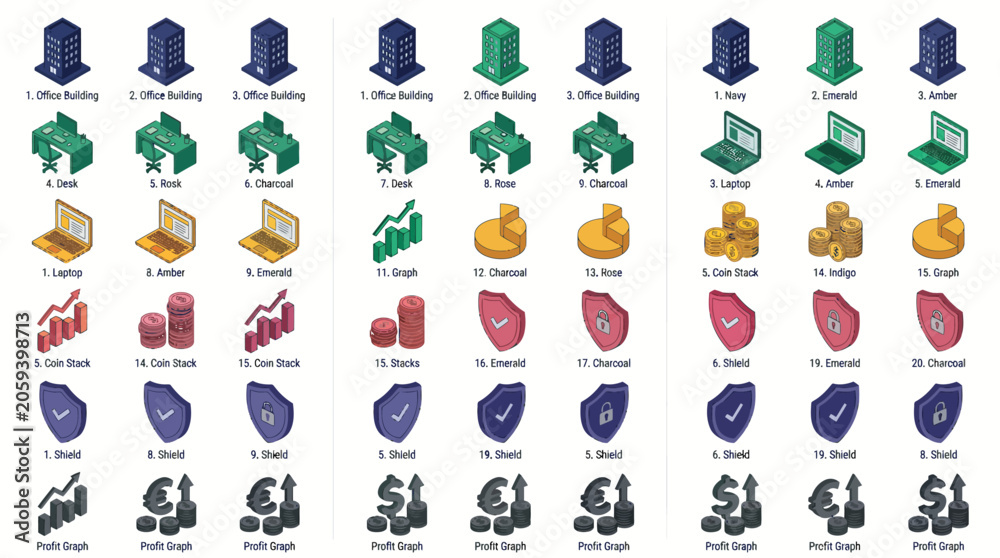 Fototapeta premium Various icons of animals, buildings, and objects are displayed in rows.