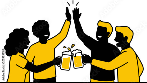 Canvastavla Four friends celebrating with beer and high fives together