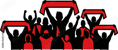 Fotografie A group of people holding up red banners in celebration