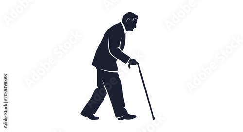 Bild auf Leinwand Elderly Man Walking with Cane Silhouette