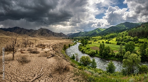 Conceptual climate change scene showing dramatic split landscape between parched cracked desert soil and lush green river valley with stormy lightning clouds.