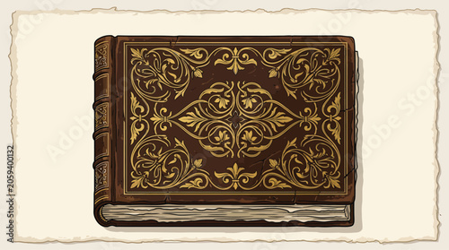 Foto Antique leather bound book with ornate gold tooling and decorative patterns