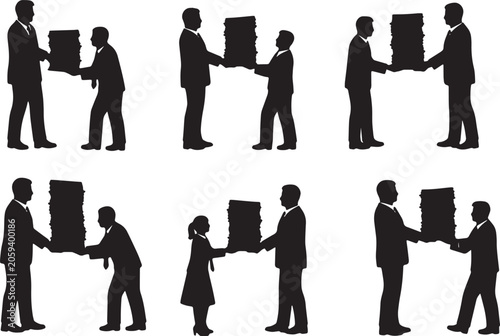 Konstfotografi Black Solid Top Executive Handing Files Silhouettes Set of Six on White Backgrou