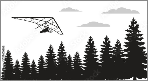 Tableau sur toile Hang Glider Flying Above Pine Forest Silhouette Landscape Adventure Sport Outdoo