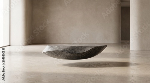 Elegant beige stone podium floating in minimalist concrete interior room with abstract shadow and soft studio light for cosmetic product showcase display banner.