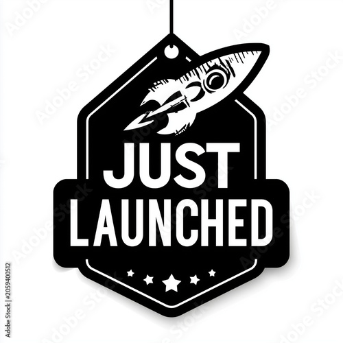 Just Launched Badge with Rocket Illustration for New Product Release and Business Startup Marketing Promotion
