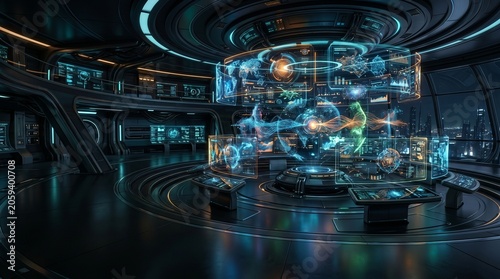 Futuristic artificial intelligence command center with large holographic screens displaying world maps, data analysis and global communication networks. Sci-fi interior design.