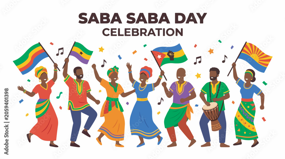 Fototapeta premium Saba Saba Day Celebration with people dancing and waving flags.
