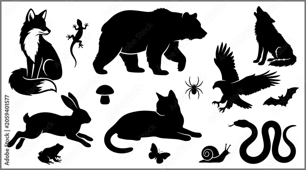 Obraz premium Wildlife Animal and Nature Silhouette Collection Featuring Bear Fox Wolf Eagle Rabbit Snake and Forest Creatures