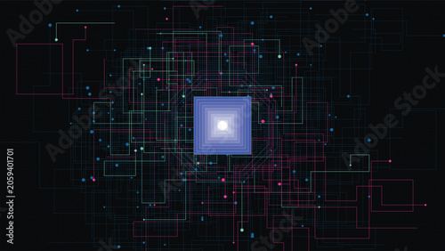 AI processor core with neon circuit microgrid on black background