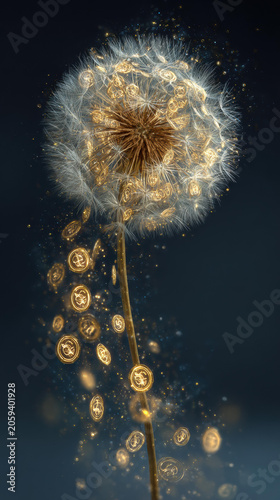 Dandelion seed blowing golden coins, fantasy, glowing, magical, dark background, surreal