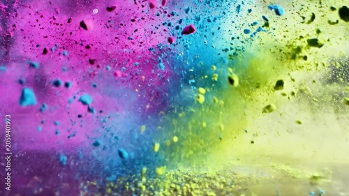 A vibrant colorful powder explosion on a reflective surface outdoors