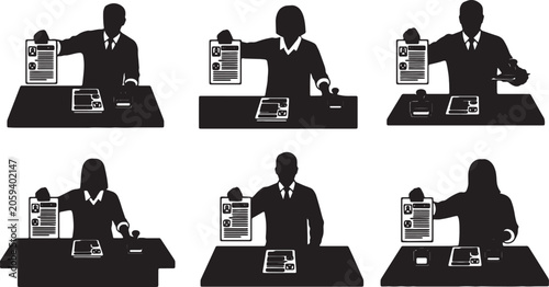 Photos Black Solid Teleworker Shaking Faulty Mouse Silhouettes Set of Six on White Back
