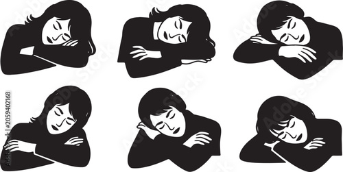 Obraz na plátně Black Solid Teleworker Power Nap Silhouettes Set of Six on White Background