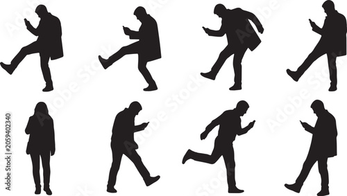 Photos Black Solid Distracted Phone Tripping Silhouettes Set of Six on White Background