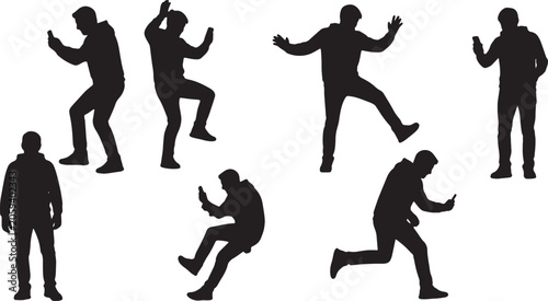 Obraz na płótnie Black Solid Distracted Phone Tripping Silhouettes Set of Six on White Background
