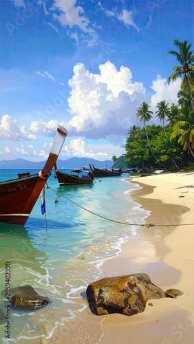 Long-tail Boat Anchored on Tropical Beach with Palm Trees and Clear Water