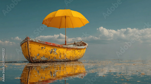 Umbrella turning into boat, adaptation and transformation, surreal object morphing, visual metaphor for resilience, change, and creative problem-solving in imaginative composition.