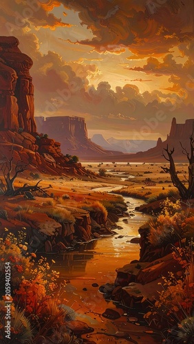 Desert Canyon Landscape at Sunset with Rugged Cliffs and a Reflective Stream