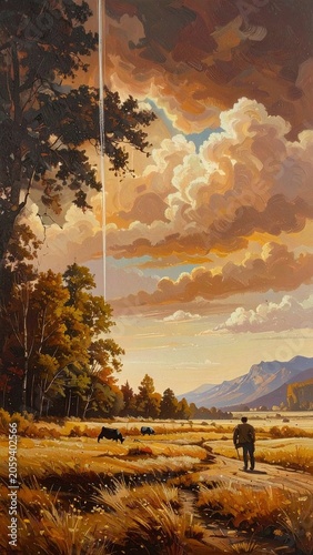 Hunter Walking Along Dirt Path in Golden Autumn Field Beneath Dramatic Sky