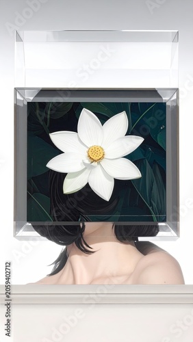 Woman with Large White Flower Frame Around Head in Transparent Box