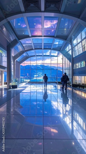 People Viewing Scenic Cityscape From Modern Glass Atrium