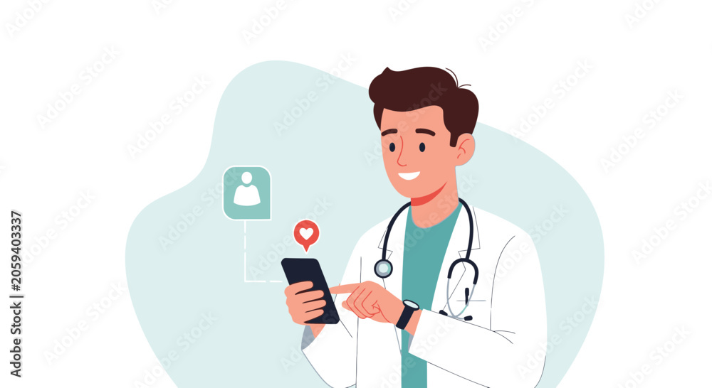 Fototapeta premium Doctor uses smartphone for healthcare communication and telemedicine, vector illustration