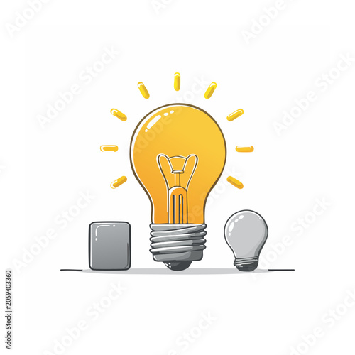 Illustration of glowing light bulb with battery and small bulb