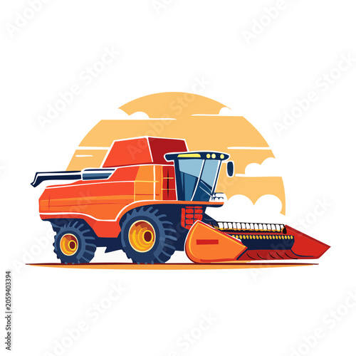 Orange Combine Harvester in Flat Vector Style