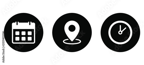 Date calendar map pin location clock time icon vector on black circle  elements for scheduling navigation time tracking and location marking interface design vector, designs