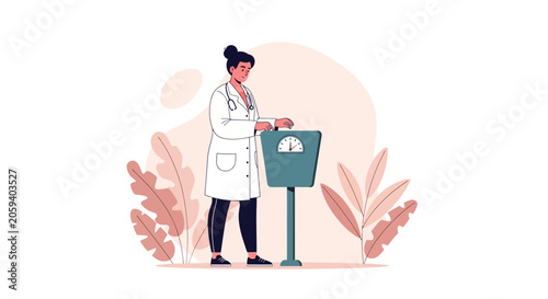 Doctor weighing patient with medical scale, weight management, healthy lifestyle and healthcare concept illustration