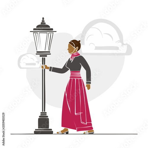 Woman in pink skirt standing by street lamp illustration