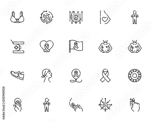 International Day against Breast cancer minimalist icon set. Includes bra, self exam, pink ribbon, mammogram, breast cancer, marathon, balloon, sunflower and more. Editable vector stroke.