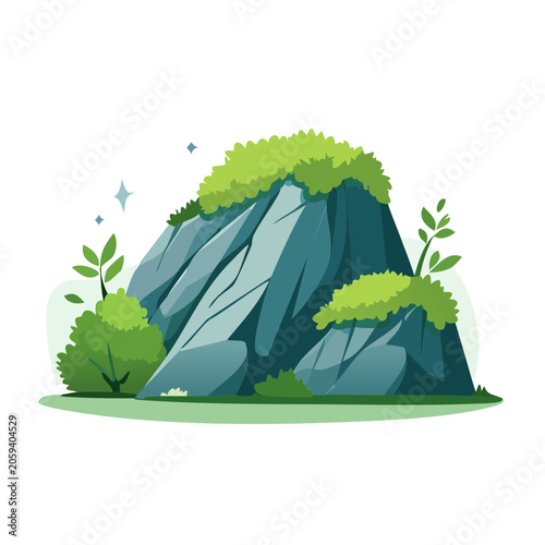 Illustration of a Rock with Green Bushes and Trees