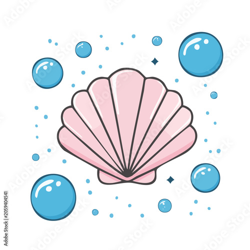 Pink seashell with blue bubbles illustration