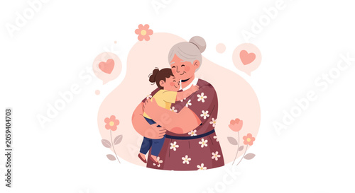 Loving Grandmother Hugging Grandchild with Hearts and Flowers