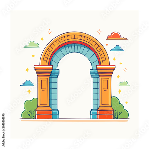 Rainbow arch with castle and clouds vector illustration