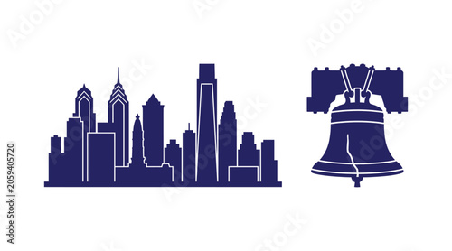 Philadelphia city skyline and liberty bell icons with philadelphia landmark architecture monument building silhouette american heritage metropolis pennsylvania historical isolated downtown