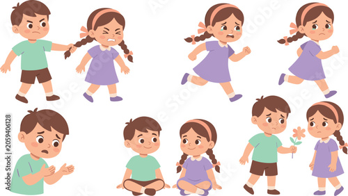 Cuadro en lienzo Cartoon Sibling Conflict Resolution Vector Character Set with Boy Apologizing an