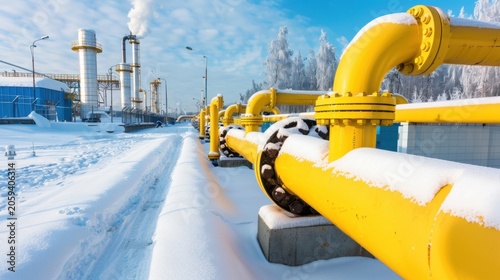 Yellow Pipeline System in a Snowy Industrial Landscape with Smokestacks and Blue Sky