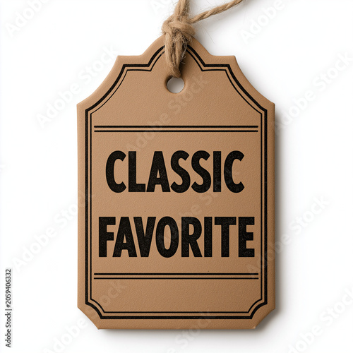 Brown vintage hanging tag with classic favorite text isolated on white background for retail branding and promotion