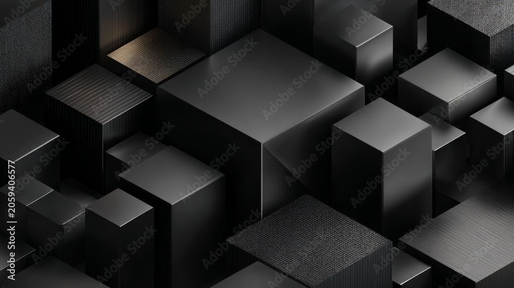 Obraz premium Black futuristic technology background with geometric 3d structure, dark minimal abstract design, modern polygonal surface, luxury digital architecture, sleek sci-fi forms, high tech innovation concep