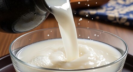 Fresh milk being poured into a clear glass bowl on a wooden table