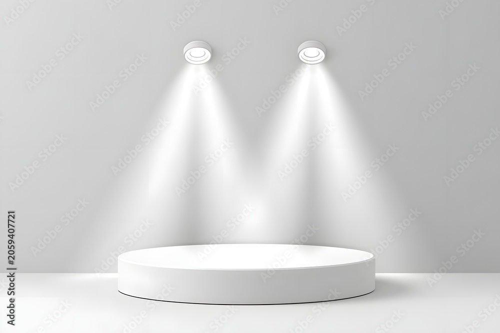 Obraz premium Studio podium vector background illustration. Round stage illuminated by three bright spotlights.