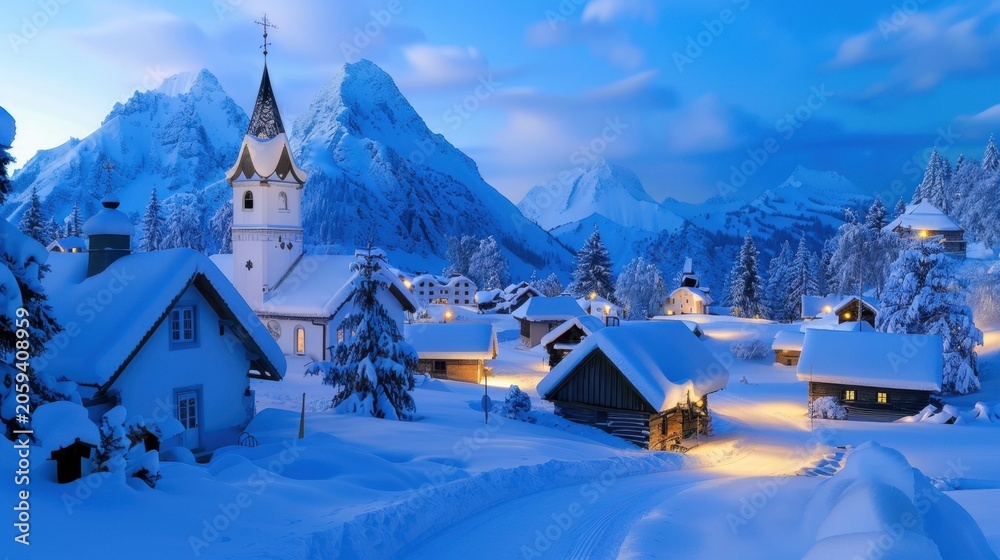 Fototapeta premium Tranquil Winter Village Scene with Snow-Covered Houses and Majestic Mountains Under Soft Blue Sky