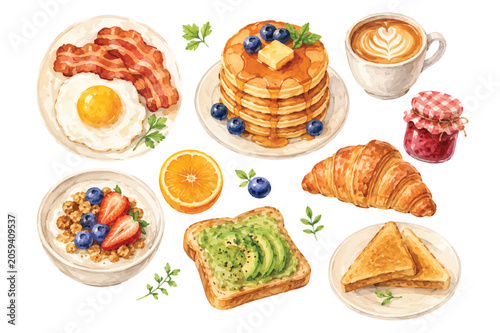 Fotografie A charming watercolor illustration featuring a delightful assortment of breakfast favorites, painted in a soft and elegant hand-crafted style