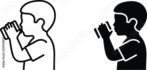 Boy drinking water from glass icon in outline and solid vector art