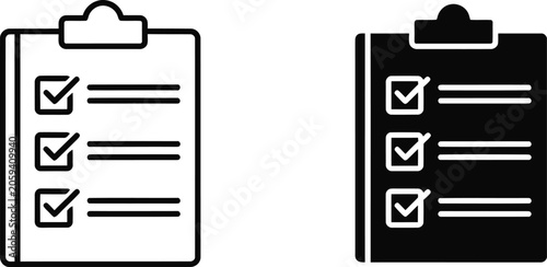 Clipboard with checklist icon in outline and solid vector variations