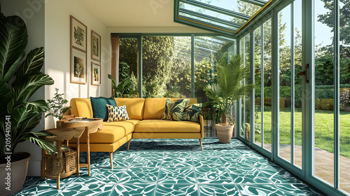 Modern living room with indoor plants in bright sunlit conservatory lounge area